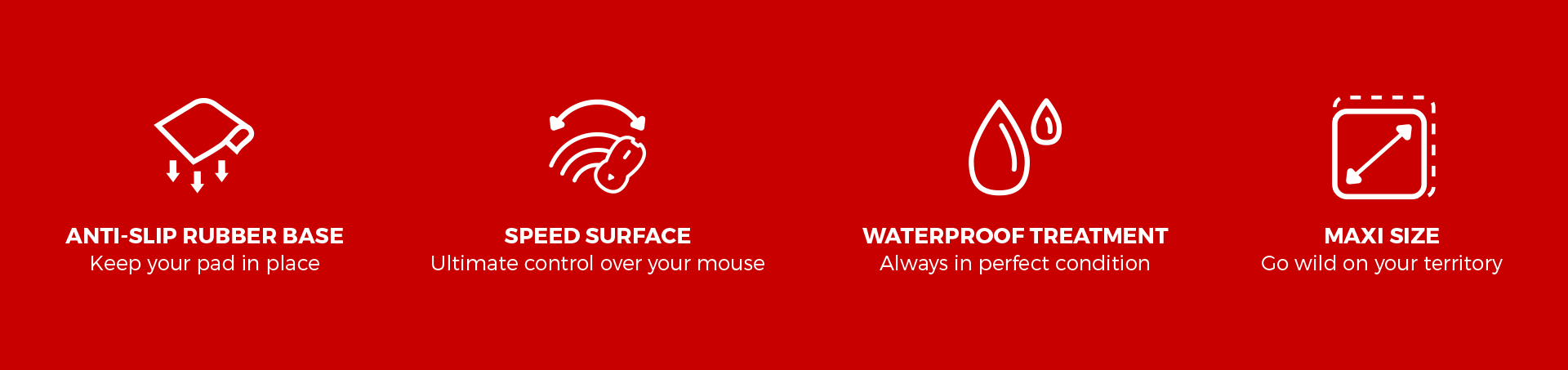 Large gaming mouse pad features anti-slip rubber base, speed surface for control, waterproof treatment, and maxi size