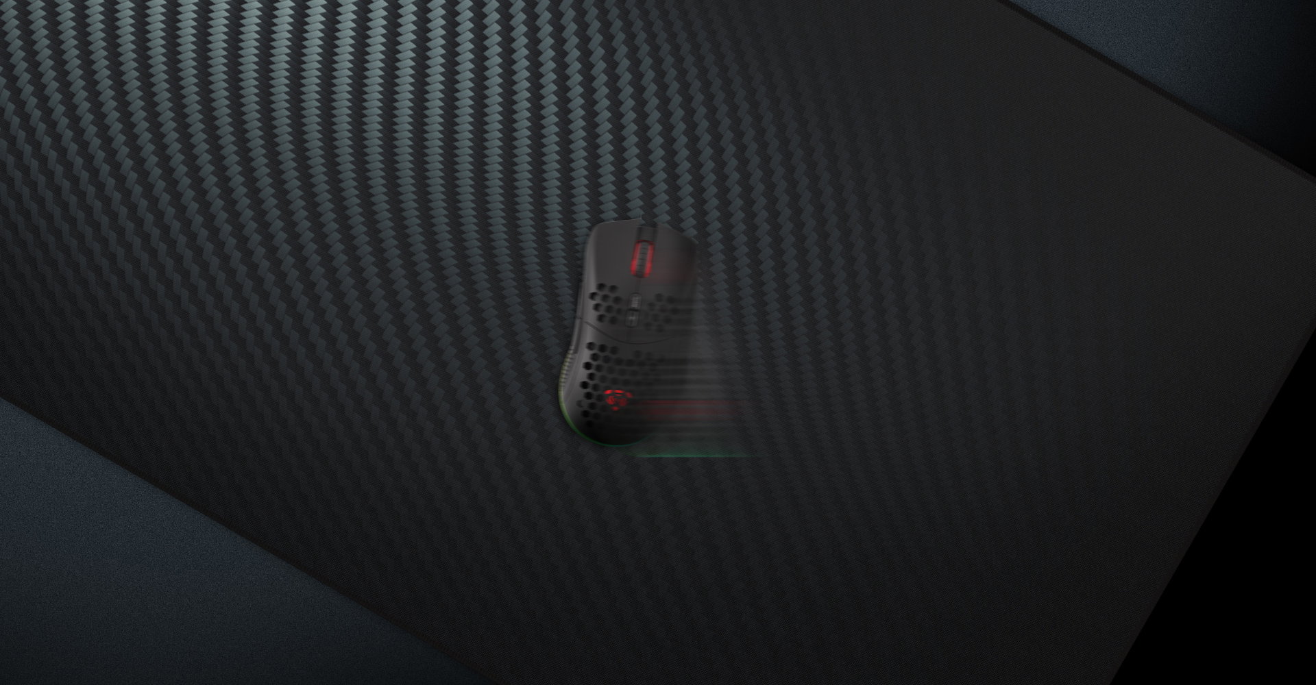 Textured black mouse pad with a carbon fiber design and a gaming mouse positioned on it, emphasizing its surface