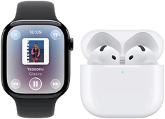 Apple Watch Series 11, titanyum arduvaz kasa, kordon: siyah spor kordon, Apple Music uygulaması açık, AirPods 4 ile eşleştirilmiş