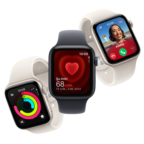 Yan yana dizilmiş üç Apple Watch SE 3 hareket ediyor