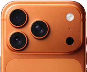 iPhone 17 Pro, deel van achterkant in Kosmisch Oranje, Pro-camerasysteem linksboven, 3 lenzen, microfoon, flitser