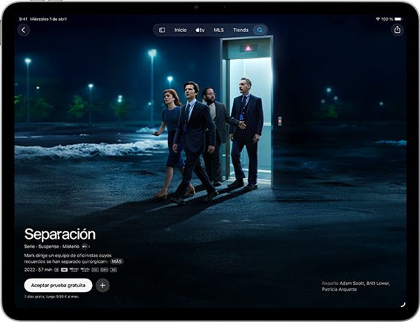 iPad Air, parte delantera exterior, la pantalla muestra la serie Separación en la app Apple TV