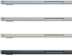 Parte exterior de cuatro portátiles MacBook Air en los cuatro acabados disponibles
