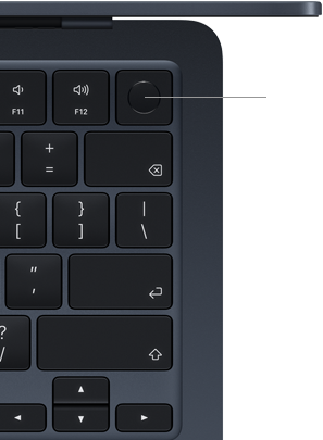 Teclado de un MacBook Air, esquina superior derecha, ubicación del botón Touch ID