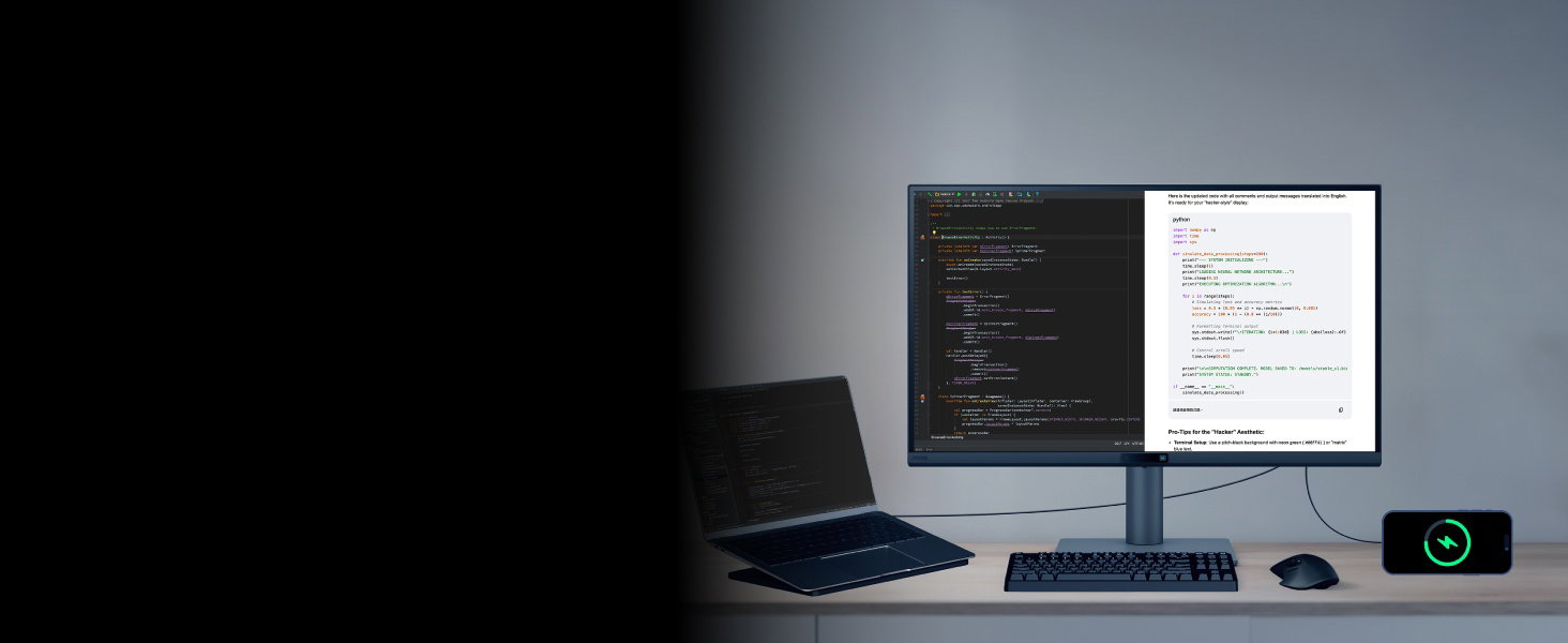 Configuration de bureau à domicile avec ordinateur portable affichant le code sur le moniteur gauche et la documentation sur le moniteur droit, petit appareil sur le bureau, espace de travail minimaliste.