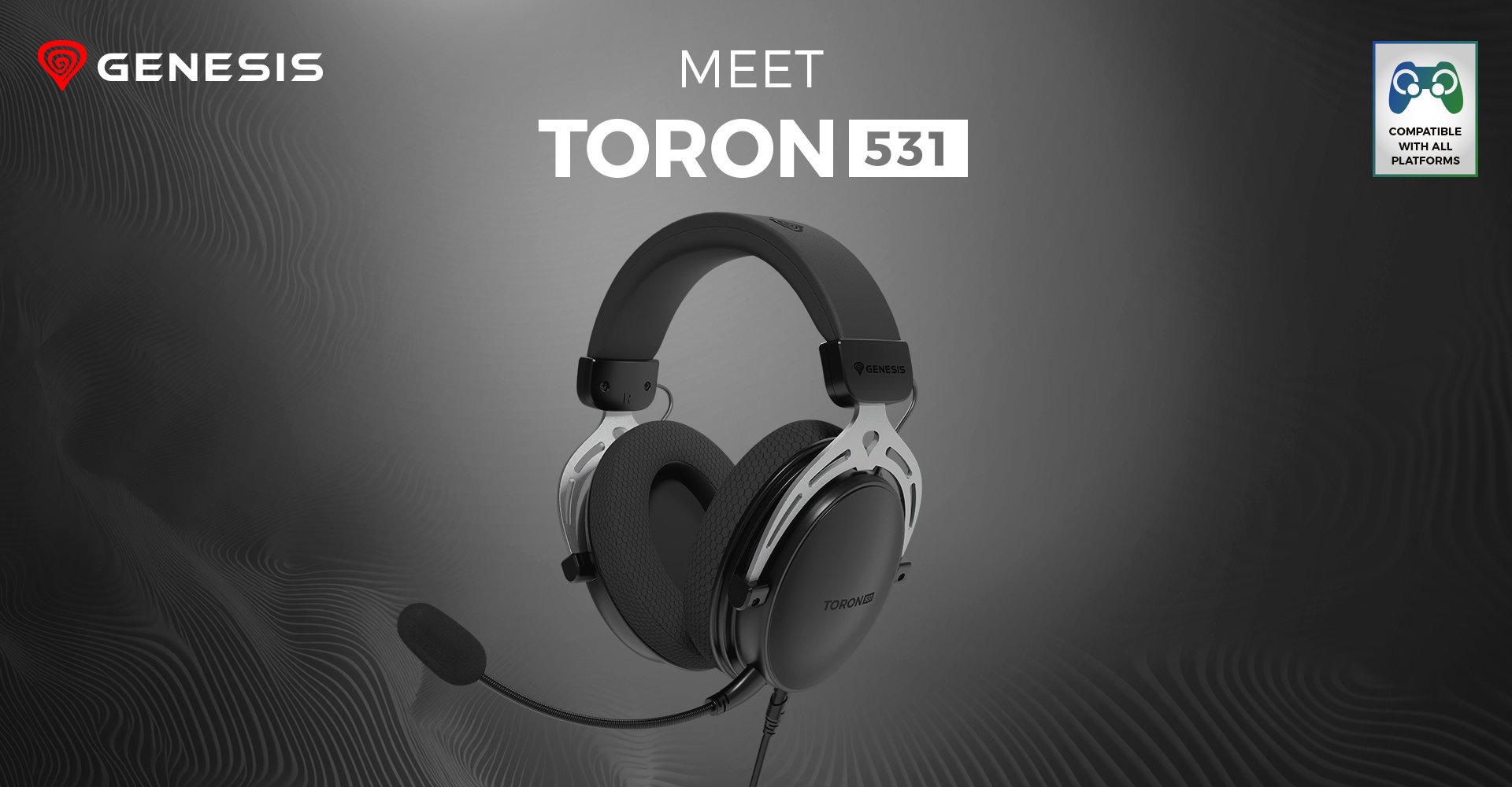 Black Genesis Toron 531 over-ear headphones featuring a built-in microphone and sleek design. Compatible with all platforms