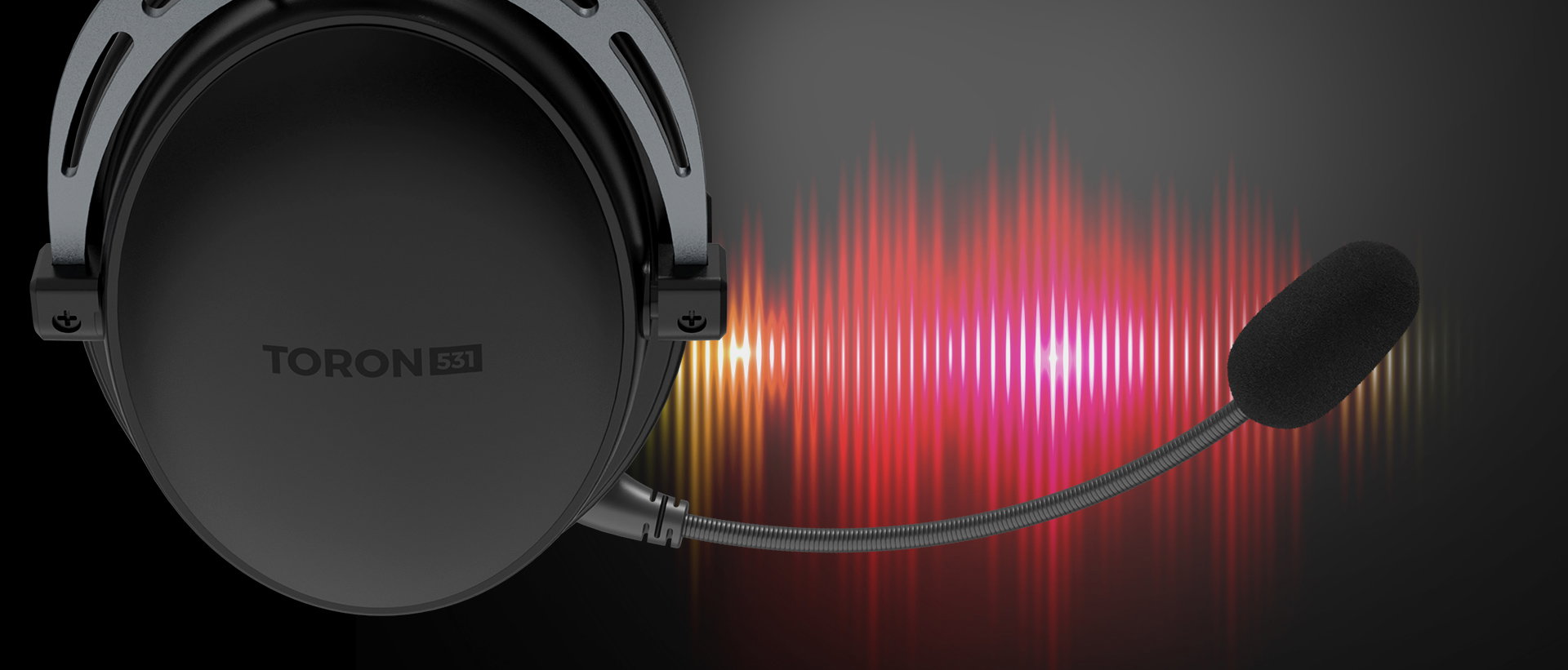 Black Genesis Toron 531 over-ear headphones with a microphone, featuring sound wave graphics in the background