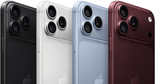 Yan yana dizilmiş iPhone 18 Pro aygıtları, arkadan dış görünüm, dört renk seçeneği: Burgonya Rengi, Buzul Rengi, Gümüş Rengi, Siyah, sol üst köşede Pro Fusion kamera sistemi, 3 adet lens, mikrofon, flaş