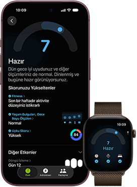 iPhone 18 Pro, siyah, önden dış görünüm, ekranda Hazır Olma durumunun (skor 7) sonuçları gösteriliyor, Apple Watch ile eşleştirilmiş, önden görünüm, kahverengi, ekranında aynı Hazır Olma skoru 7 görünüyor