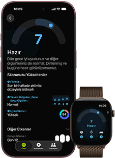 iPhone 18 Pro, siyah, önden dış görünüm, ekranda Hazır Olma durumunun (skor 7) sonuçları gösteriliyor, Apple Watch ile eşleştirilmiş, önden görünüm, kahverengi, ekranında aynı Hazır Olma skoru 7 görünüyor
