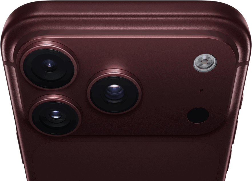 iPhone 18 Pro Max, burgonya rengi (koyu kırmızı), arkadan dış görünüm, üstte Pro Fusion kamera sistemi, 3 adet lens, kısmen kapalı değişken diyafram kanatları, flaş, mikrofon ve LiDAR Tarayıcısı, üstten dış görünüm, hücresel bağlantı anteni, düz kenarlar, yuvarlatılmış köşeler