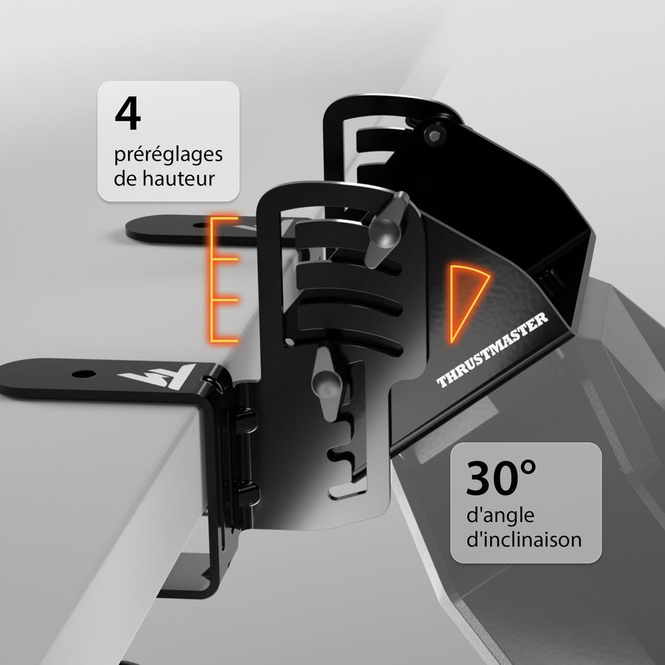 Outil électrique noir avec touches orange sur lesquelles figurent les textes « 4 préréglages de hauteur » (4 préréglages de hauteur) et « 30° d'angle d'inclinaison » (angle d'inclinaison 30°). Tête de l'outil positionnée selon un angle démontrant la capacité d'articulation.