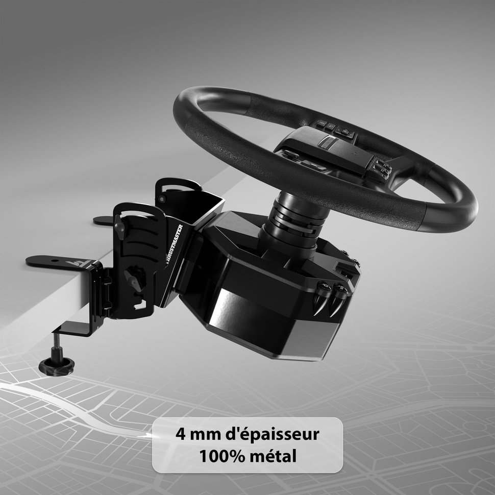Le texte indique « 4 mm d'épaisseur » et « 100 % métal ». Support de voiture pour smartphone en métal noir avec bras rotatif et poignées réglables sur fond gris.