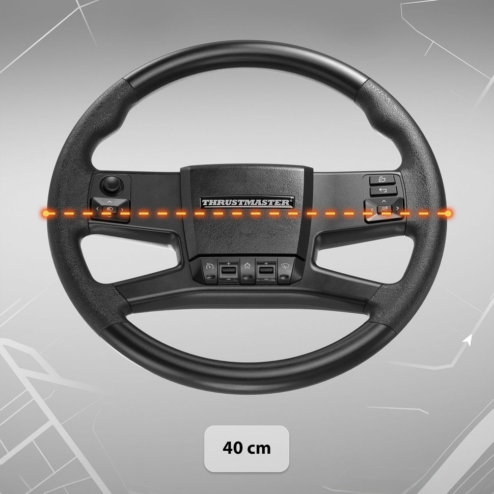Volant noir avec clavier central et boutons de commande, l'indicateur de mesure indique un diamètre de 40 cm, design typique d'un volant automobile ou de jeu.