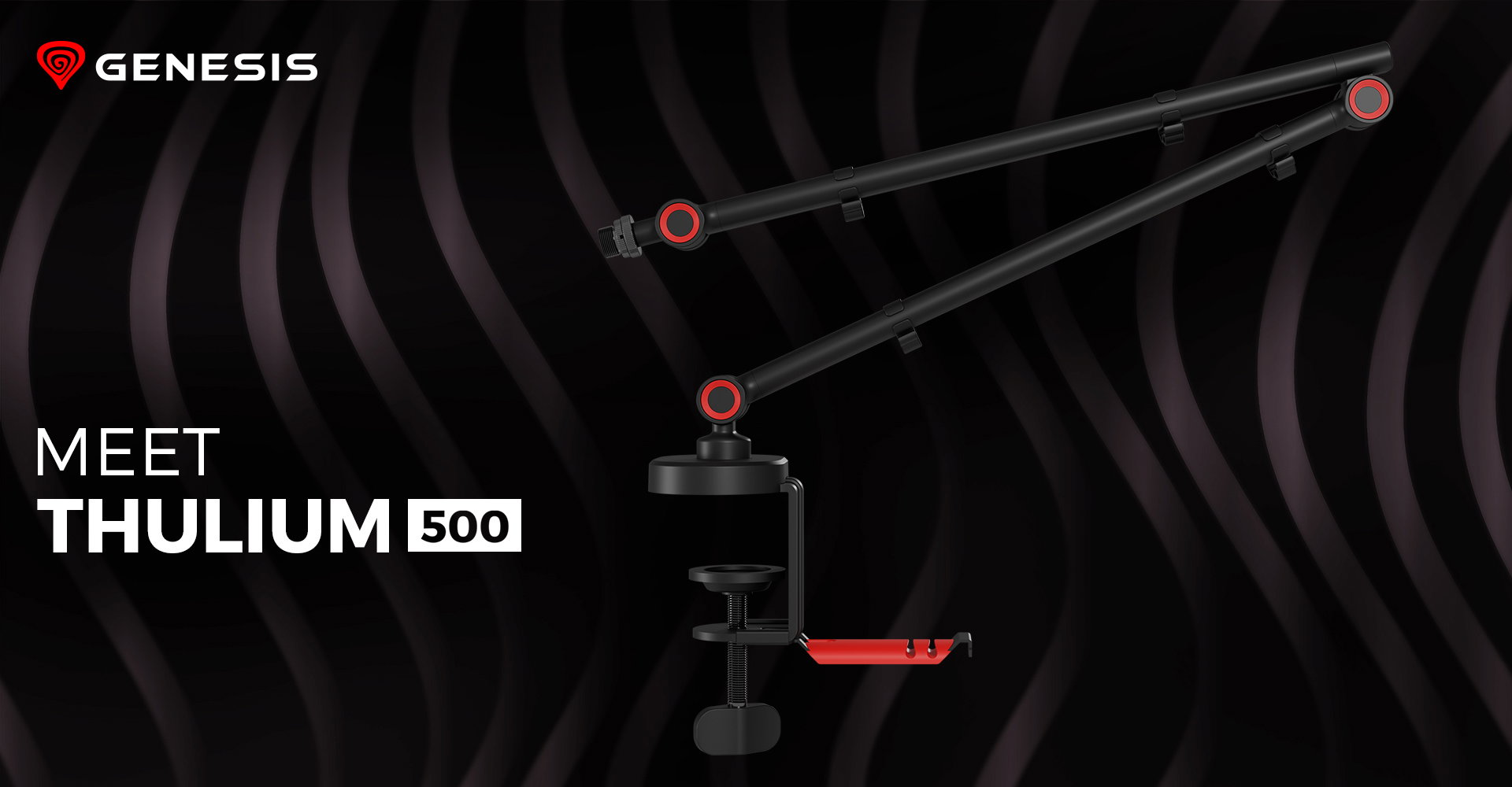 Microphone stand Genesis Thulium 500 with a headset holder, featuring adjustable arms and a sturdy clamp