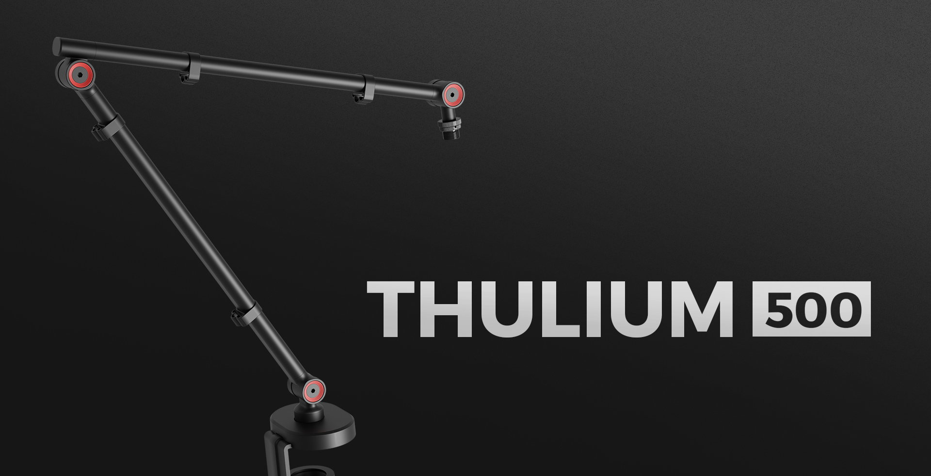 Adjustable microphone arm with a headphone hanger, labeled "THULIUM 500," in a sleek black design