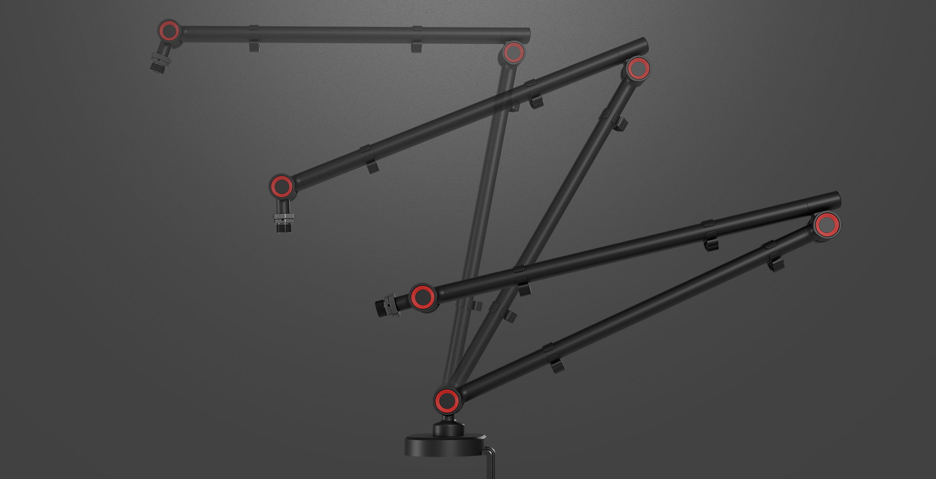 Adjustable black microphone arm with red accents and a headset holder, designed for optimal positioning and convenience