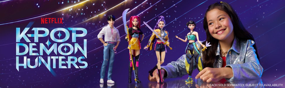 Le texte indique « KPOP DEMON HUNTERS » en lettres cyan. Bannière promotionnelle montrant des personnages animés dans un décor fantastique aux tons violets avec un portrait du personnage central.