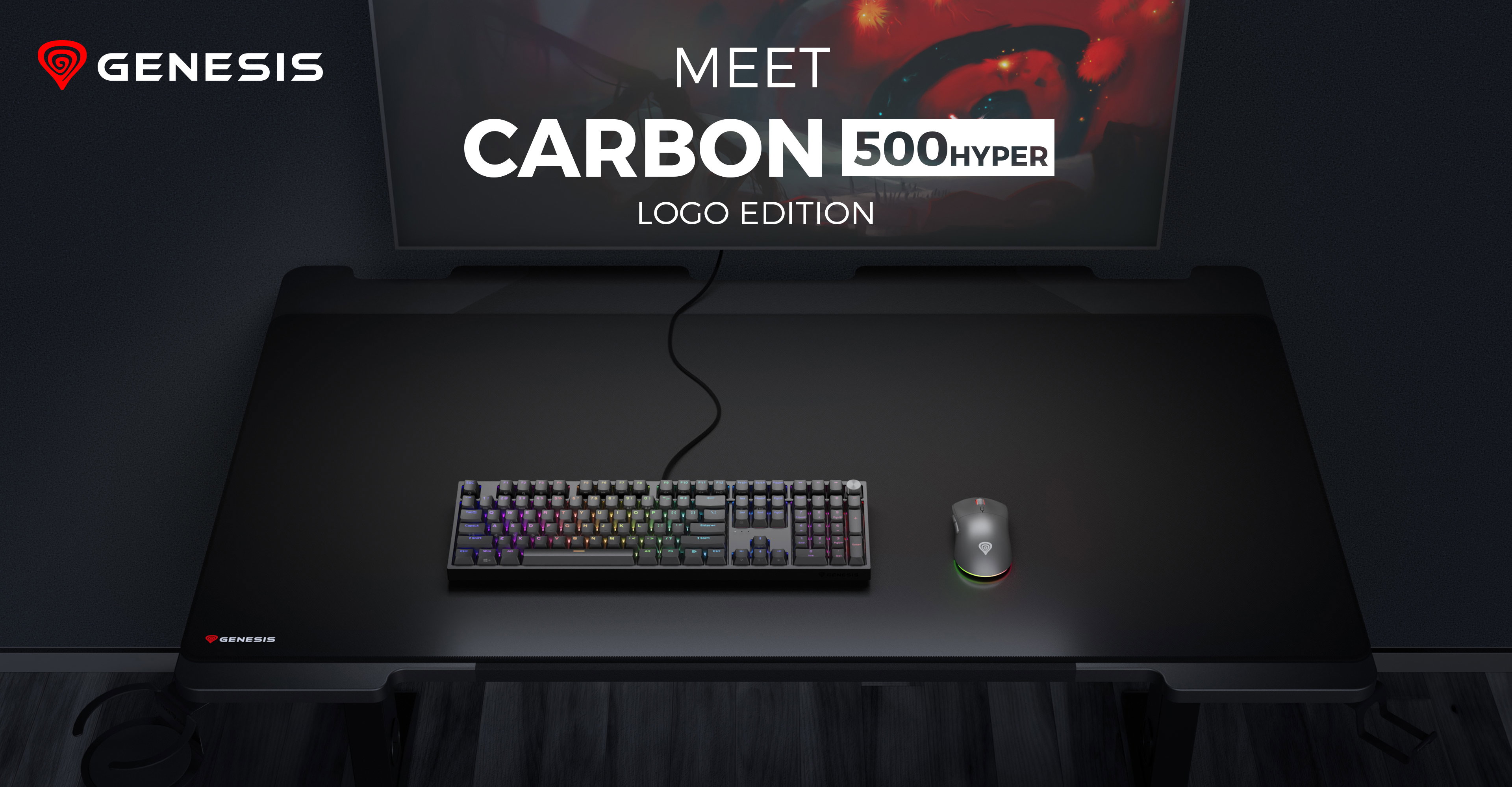 Large black mouse pad with a keyboard and mouse on a desk, featuring a logo design