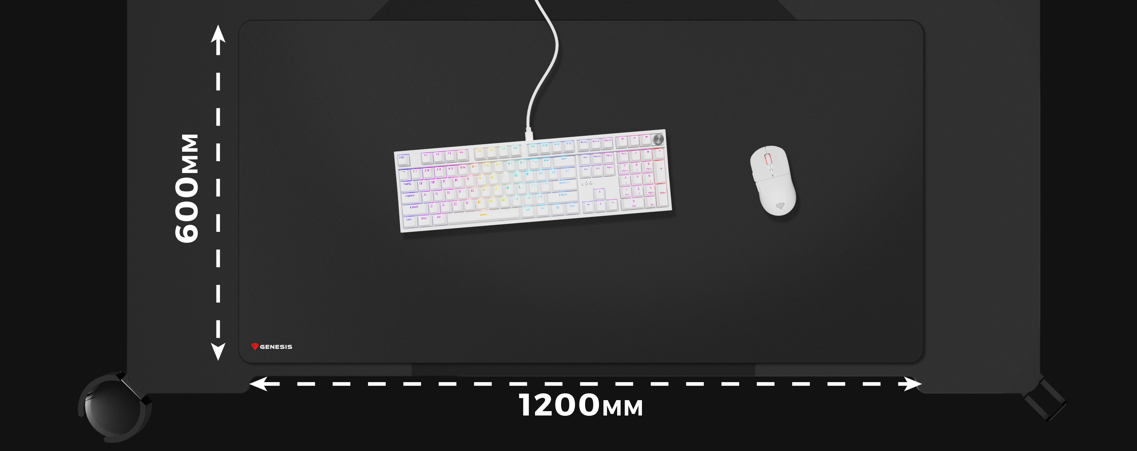 Large black mouse pad with dimensions labeled, keyboard and mouse positioned on top