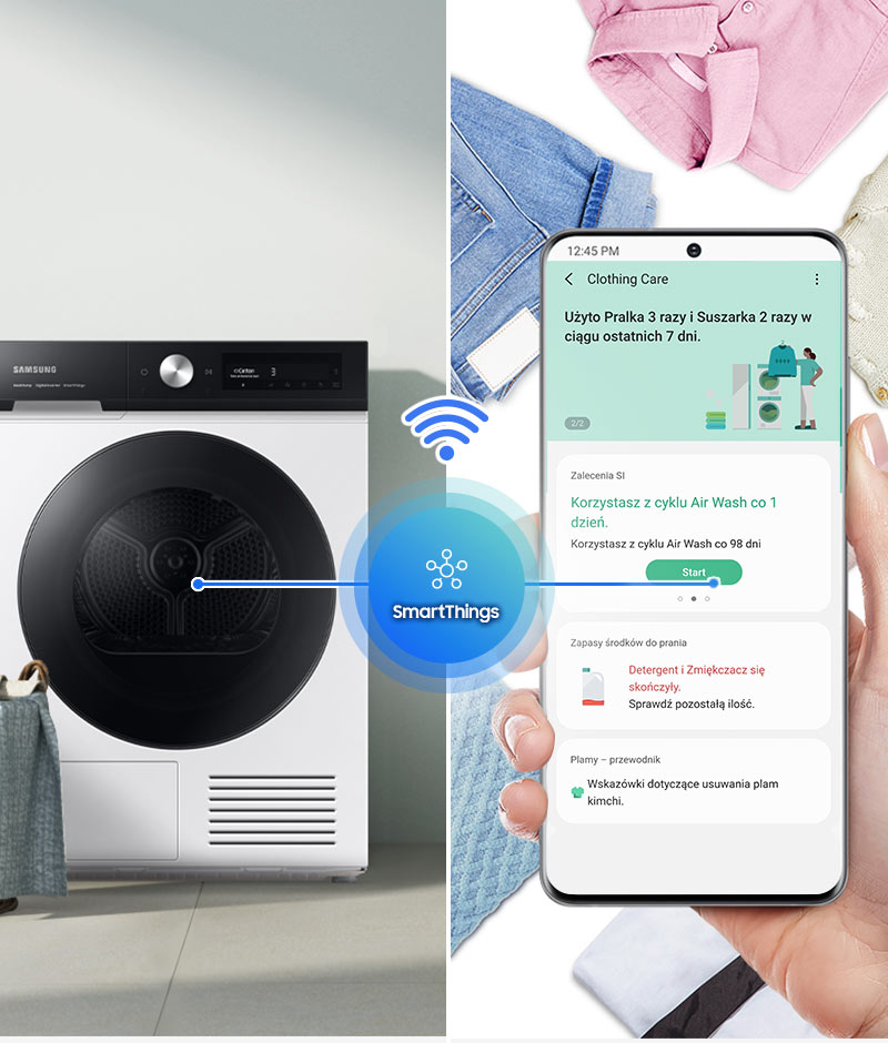 Podłączenie suszarki do Wi-Fi umożliwia sterowanie nią za pomocą aplikacji mobilnej SmartThings