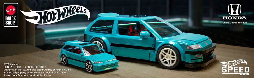 Le texte indique « Hot Wheels » et « SPEED ». Plusieurs vues d'un modèle de petite voiture bleu clair sur fond uni.