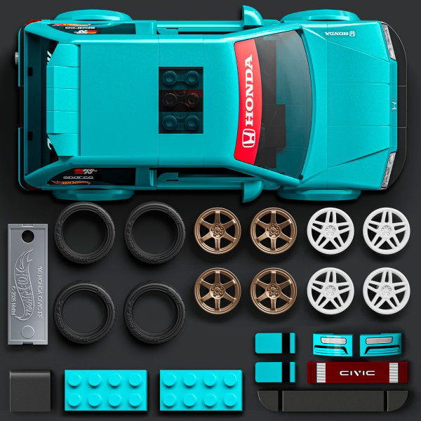 Blocs de construction ou composants en plastique bleu turquoise représentés sous plusieurs angles, avec des attaches de roue et des pièces de connexion.