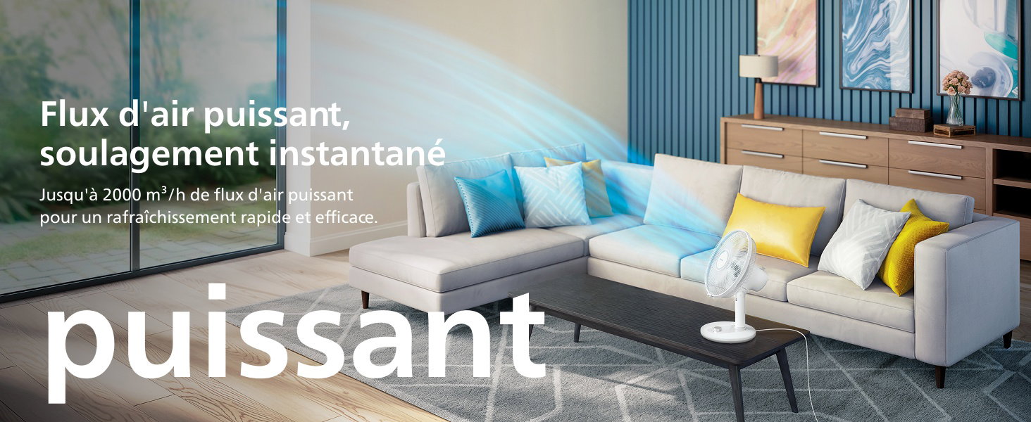 Flux d'air puissant, soulagement instantané Jusqu'à 2000 m³/h de flux d'air puissant pour un rafraîchissement rapide et efficace. puissant
