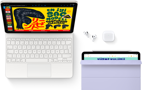 Magic Keyboard’a takılı iPad Air, Airpods Pro, Apple Pencil Pro ve Smart Folio aksesuarlarıyla
