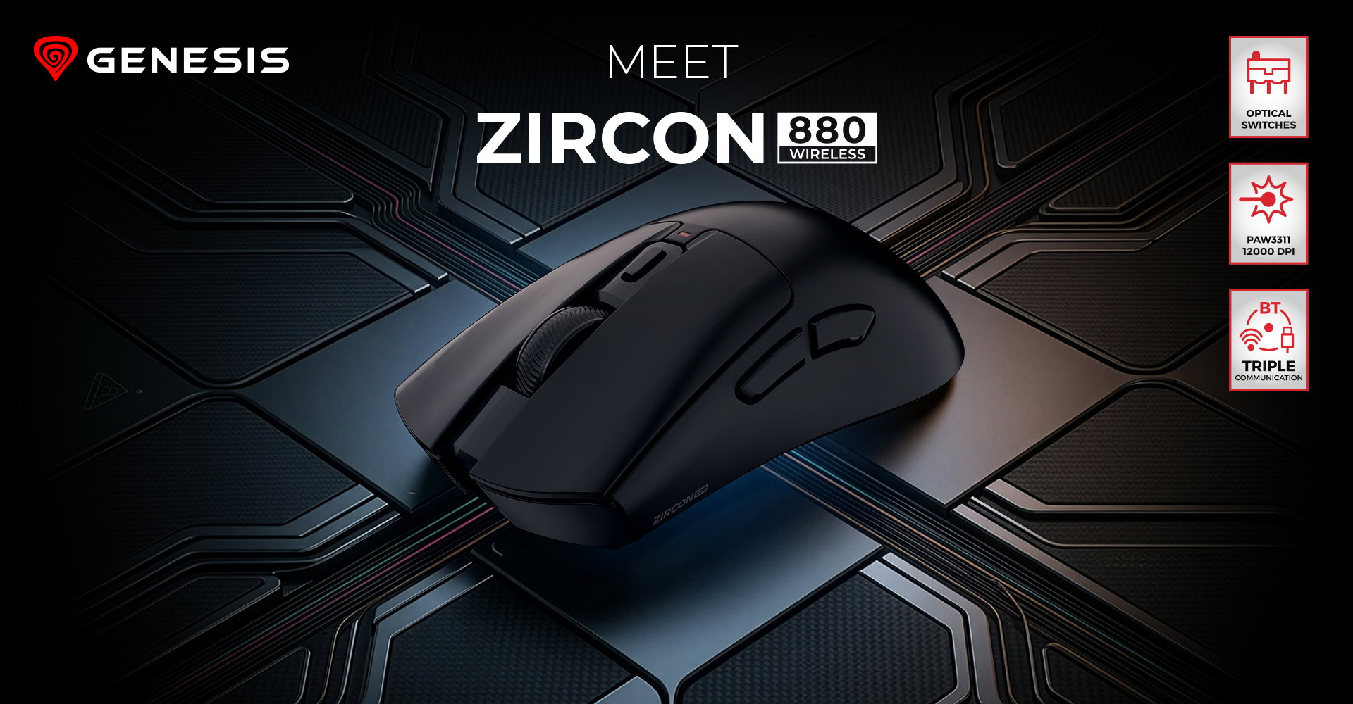 Wireless mouse with multiple buttons and a sleek black design on a geometric background.