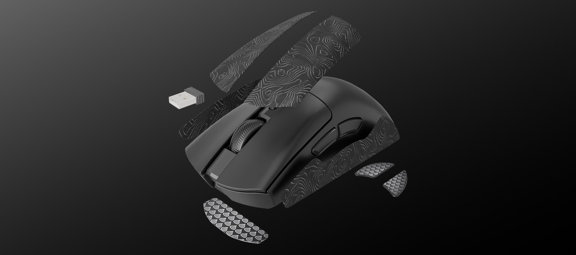 Black gaming mouse disassembled with various components and textured covers displayed around it.