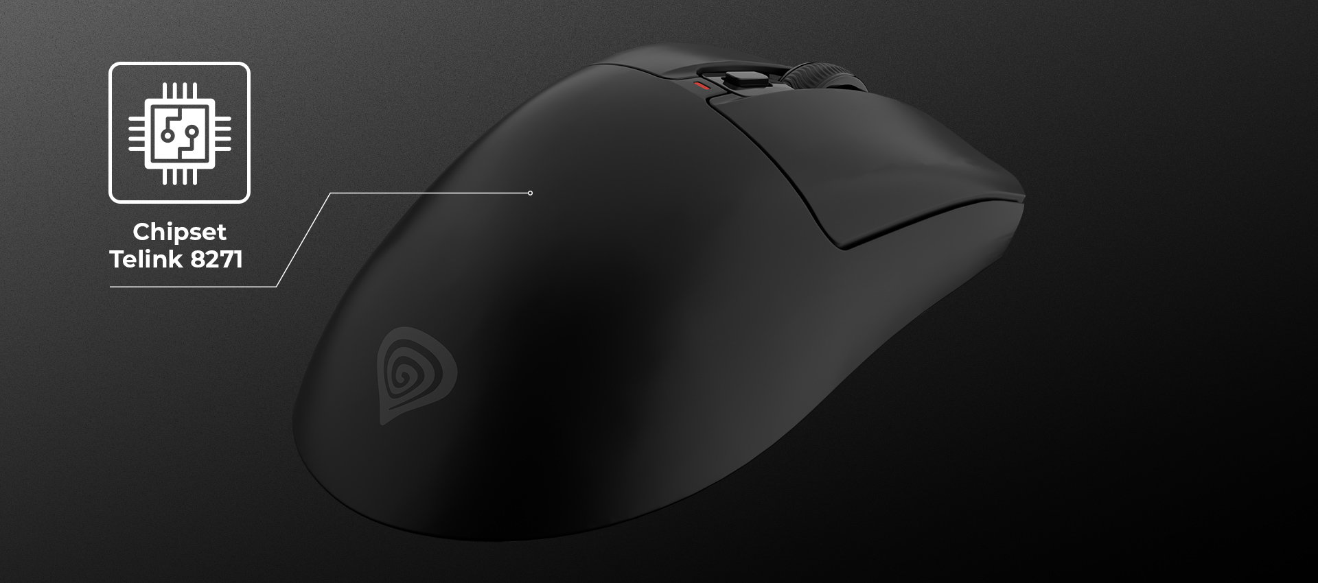 Black gaming mouse with an ergonomic design and a red button on top.