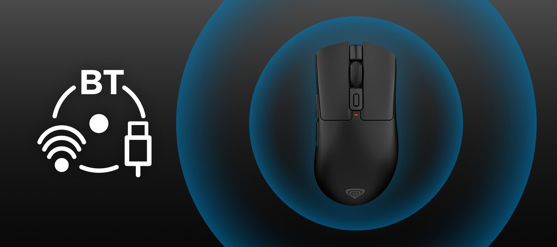 Wireless mouse with a sleek design and multiple connectivity options shown in a modern style.