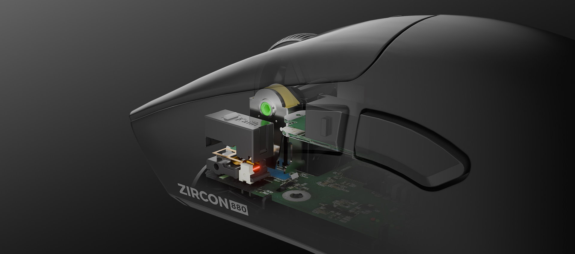 Cutaway view of a computer mouse showing internal components and circuit board details.