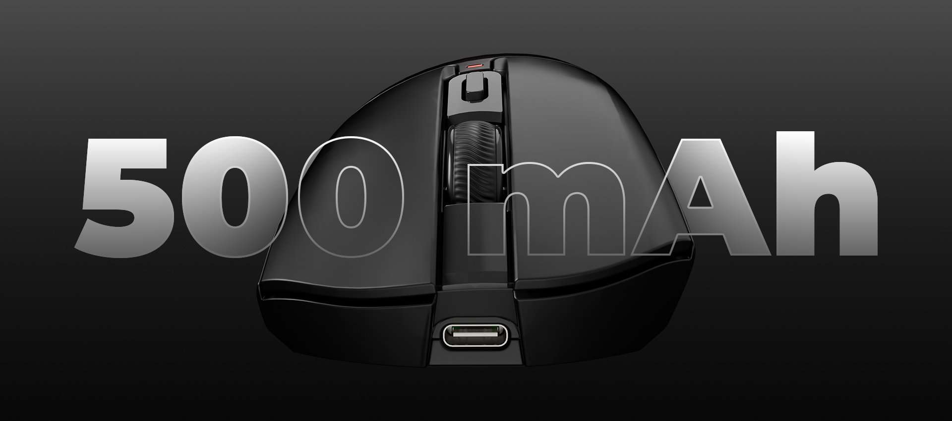 Mouse with a connection cable and a scroll wheel on a dark background.