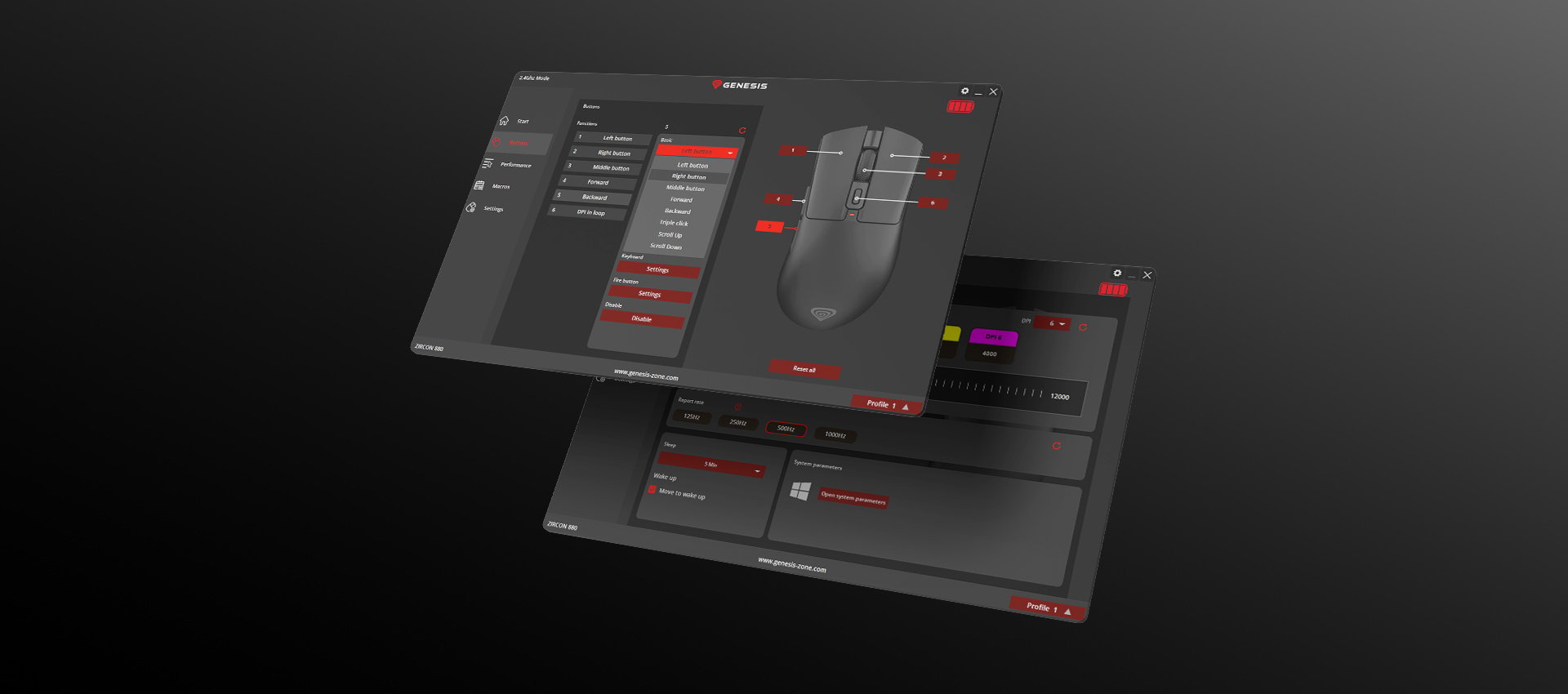 Computer software interface with settings for a gaming mouse displayed on two screens.