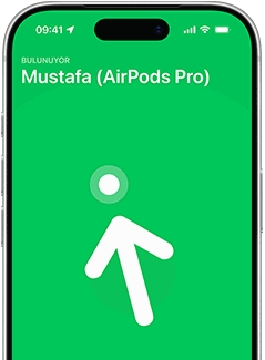 iPhone 17 Pro, Tam Konum Bulma özellikli Bul uygulaması ekranı, metin: Matias’ın AirPods Pro'su