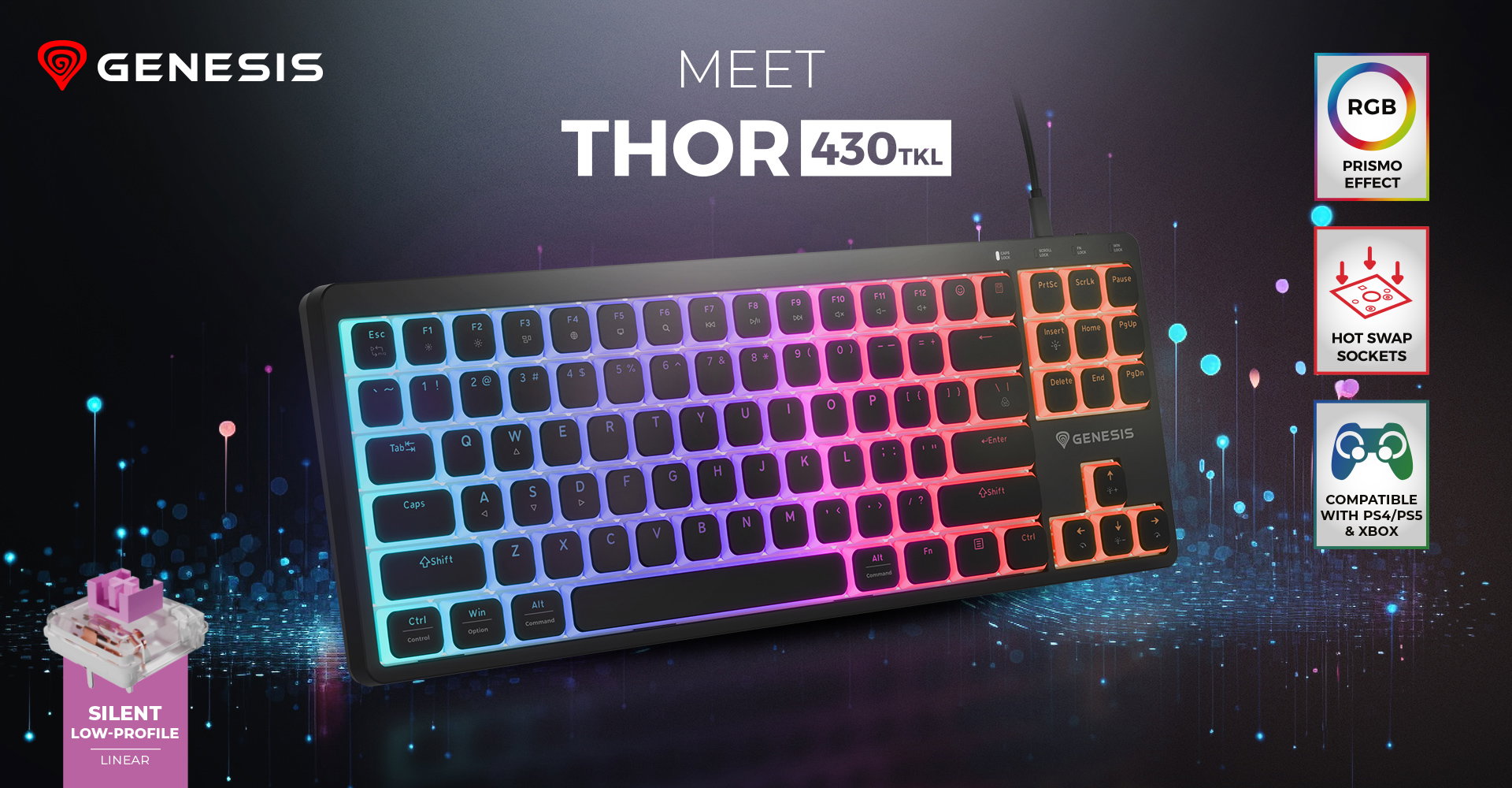 Keyboard with colorful backlight and customizable key switches for gaming and typing.