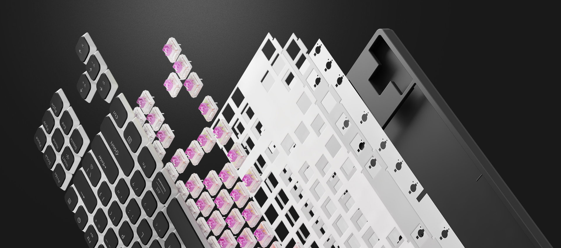 Exploded view of a keyboard showing individual keys and components separated.
