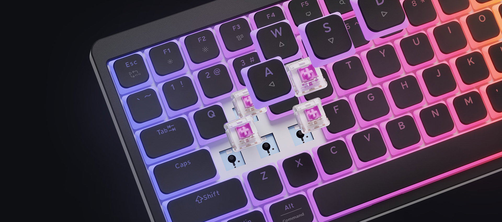 Keyboard with colorful backlighting and some key switches removed for illustration.
