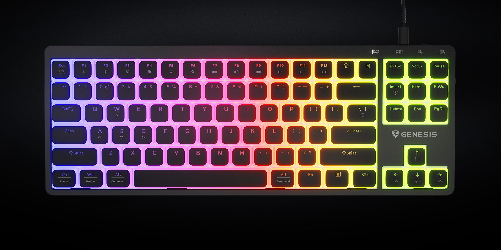 Keyboard with colorful backlighting illuminating the keys in a gradient pattern.