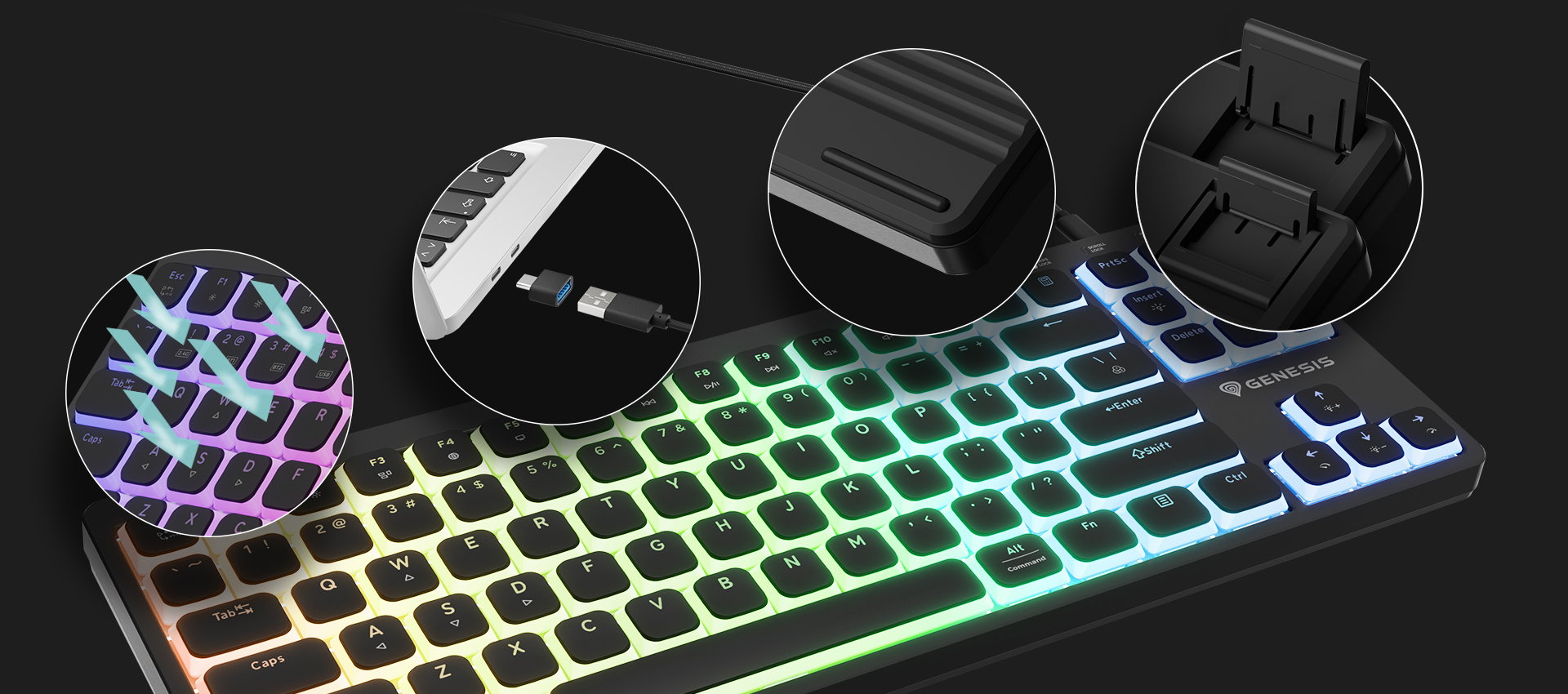 Keyboard with colorful backlighting and detachable connection cable displayed with details.