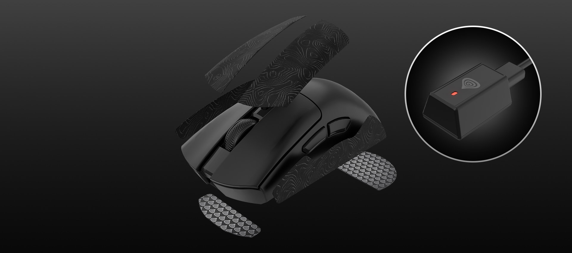 Black gaming mouse with textured grips and a close-up of its connection plug.