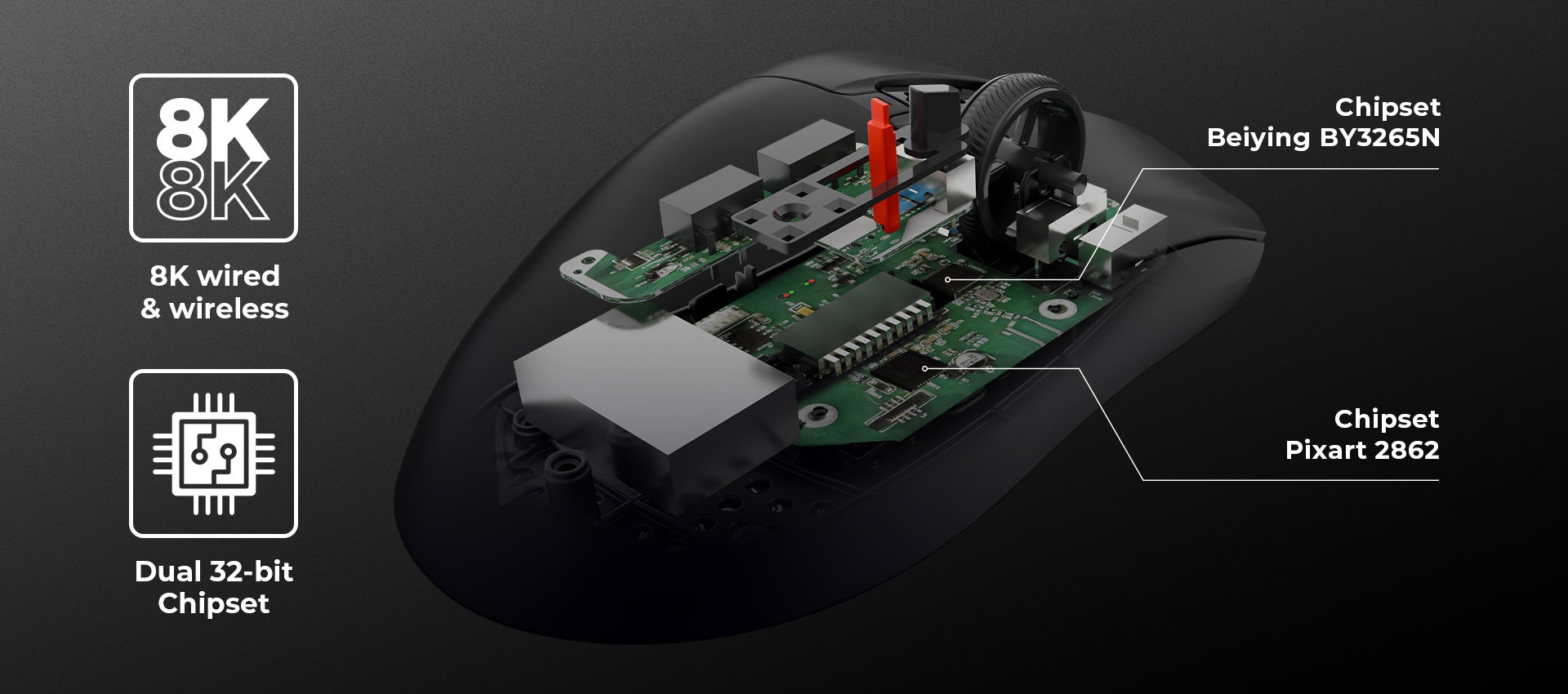 A mouse with exposed internal components, featuring a green circuit board and various chips.