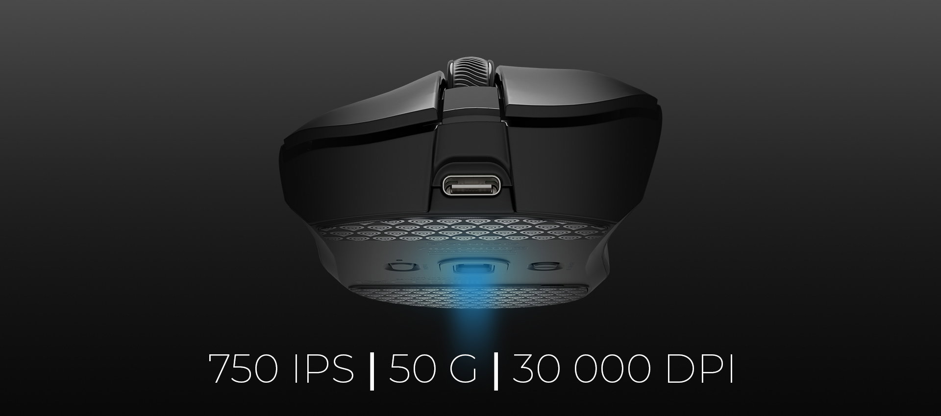 Mouse from a top view showing a connection port and a glowing light underneath.
