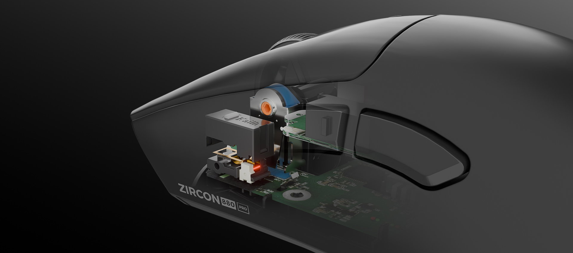 Cutaway view of a mouse showing internal components like buttons, circuit board, and sensor.