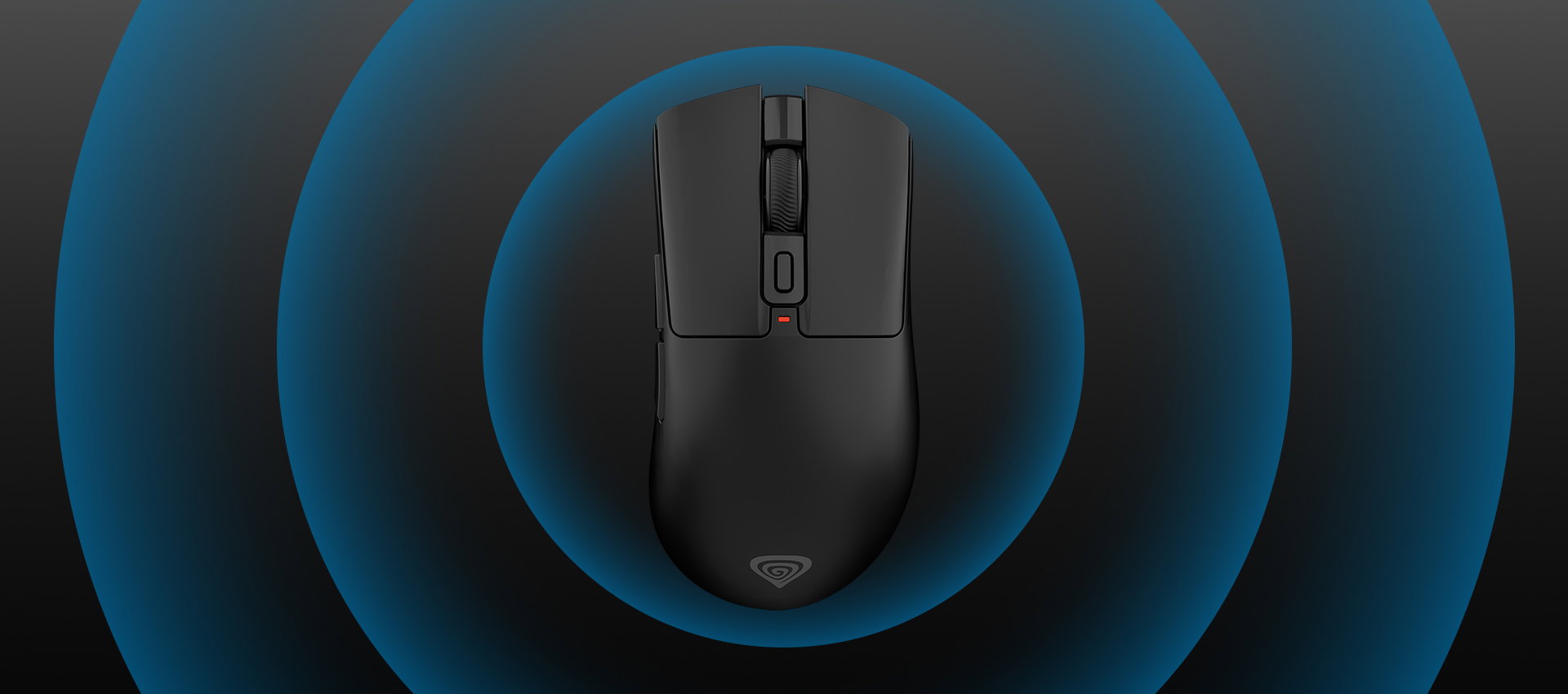 Black computer mouse with multiple buttons and a red toggle surrounded by blue waves.