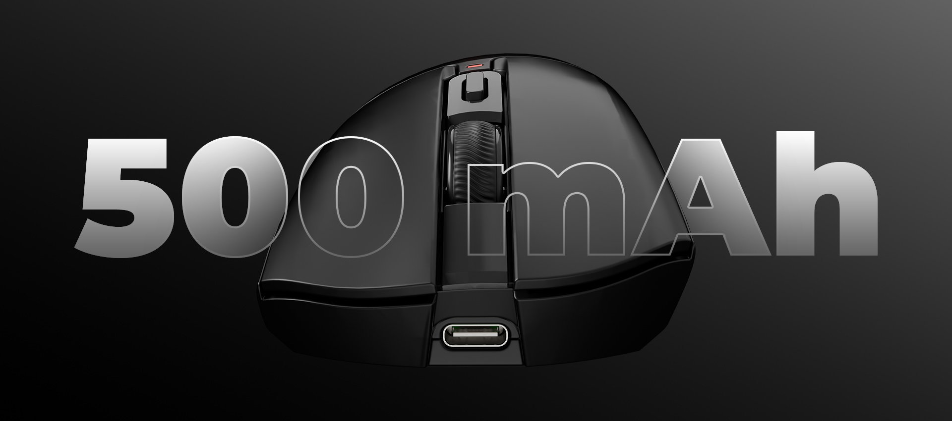 Black computer mouse with a scroll wheel and a connection port on the front.