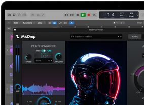 La pantalla muestra el uso de las prestaciones de IA del software MicDrop para editar una locución en un MacBook Pro
