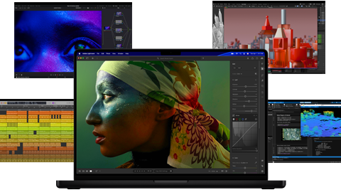 Varias apps de producción musical, edición de vídeo, animación en 3D y edición de fotos en el Mac con una selección de contenidos a todo color en la pantalla, ilustran el potente rendimiento gráfico